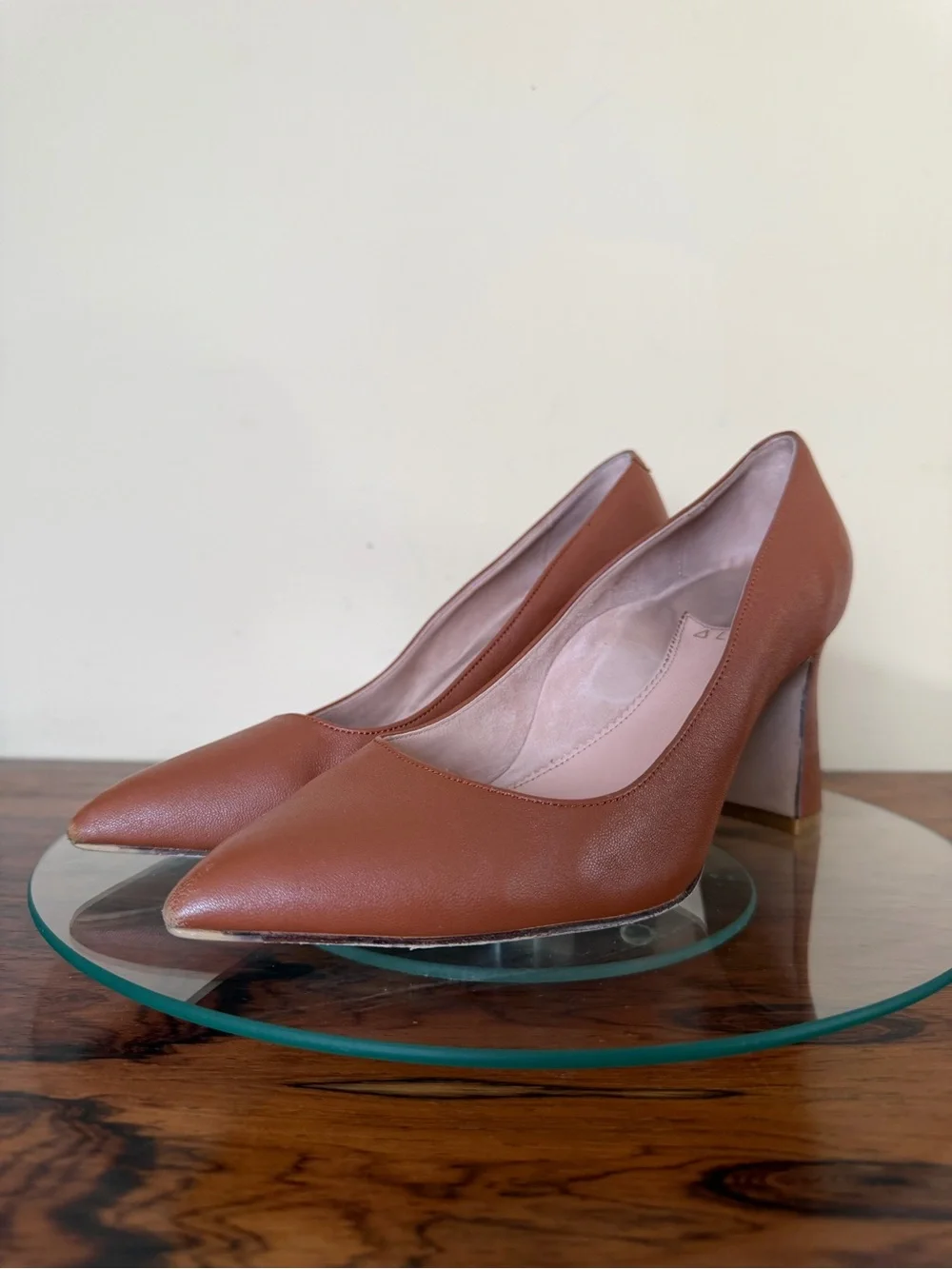 ALLY Shoes Caramel Brown Leather Pointed Block Heel Pumps 37.5B / US 7 7.5